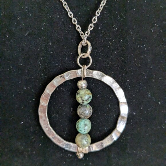 Wire Wrap Hammered Circle Stone Bead Necklace Statement Piece Boho Art to Wear - Picture 2 of 7
